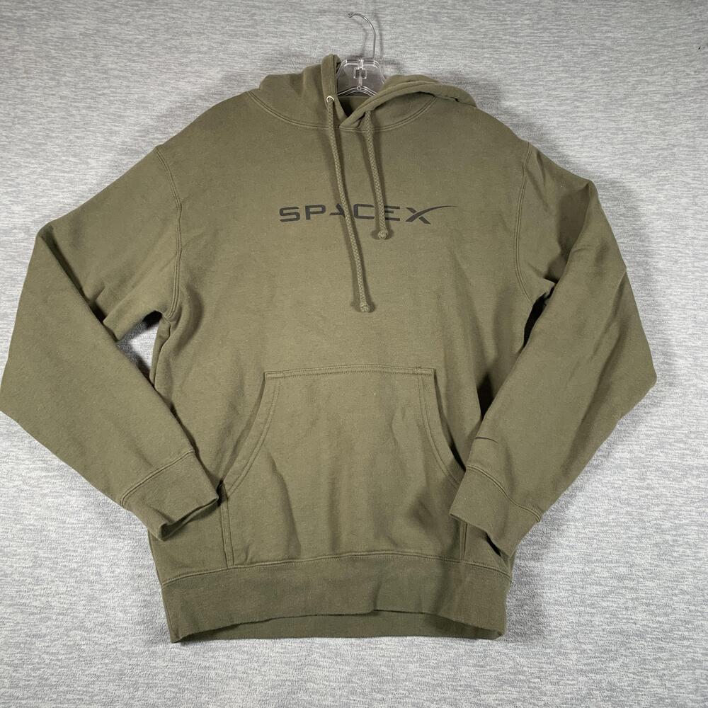 SpaceX Hoodie Mens Small Green Pullover Fleece Logo Kangaroo Pocket Sweatshirt